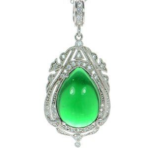 Joseph Esposito Solid 925 Sterling Silver Green Cabochon & CZ Necklace